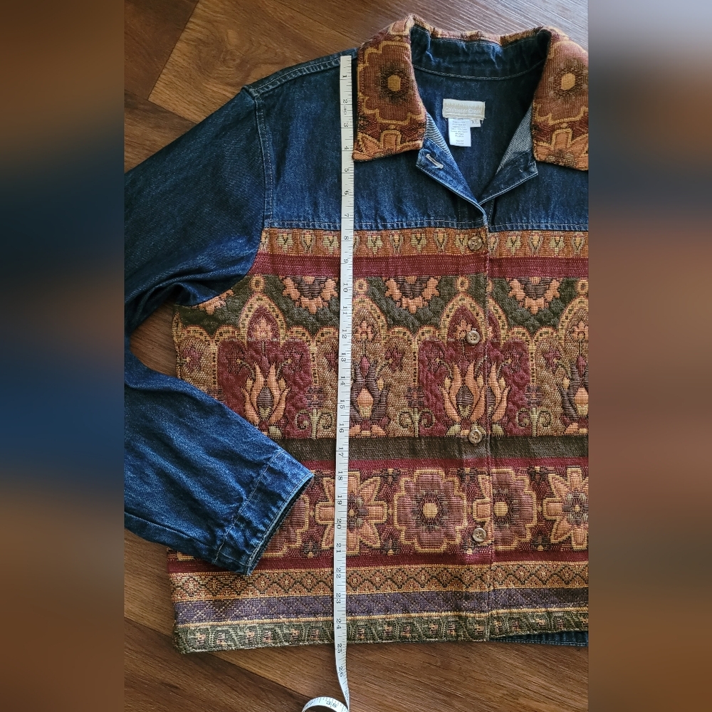 Coldwater Creek Denim and Tapestry Textured Jacket, Women's XL, Blue Jean, Brown - Picture 10 of 10